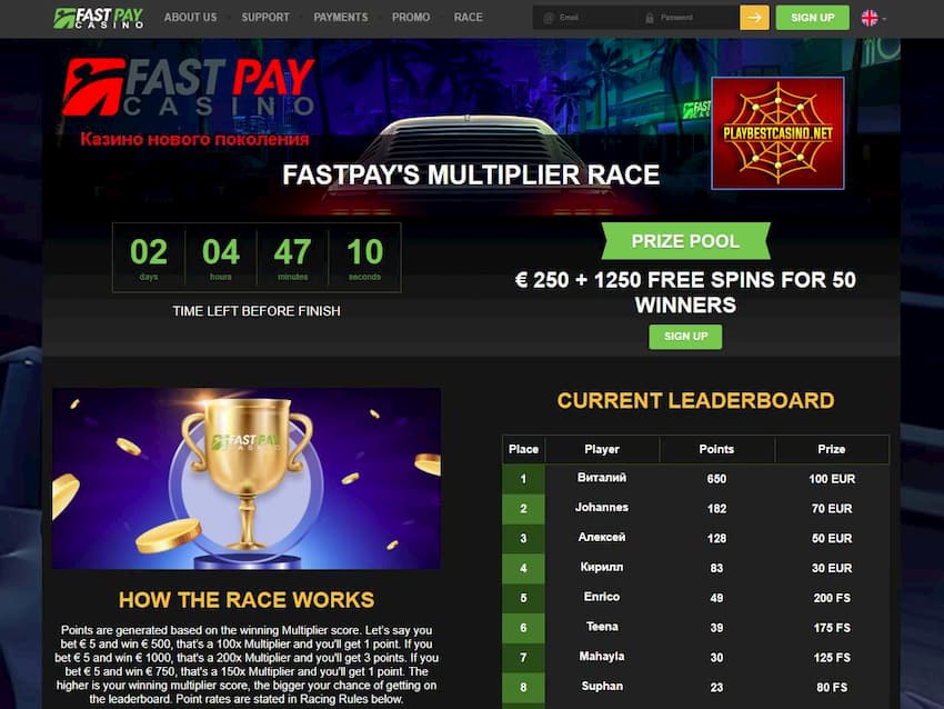 Fastpay-casino.com: Еженедельная Гонка Умножений! (€250+1250FS) есть на снимке.