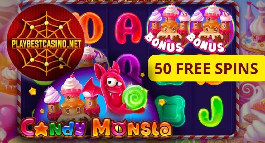Интерфейс игрового слота Candy Monstra с игривыми кнопками на конфетную тематику и логотипом BGaming на фото.