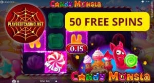 ¿Cómo obtener 100 giros gratis en el casino sin depósito? 83 La gran victoria de un jugador en el juego de tragamonedas Candy Monster con el telón de fondo de paisajes de dulces y la promoción de 50 giros gratis sin depósito en la foto.