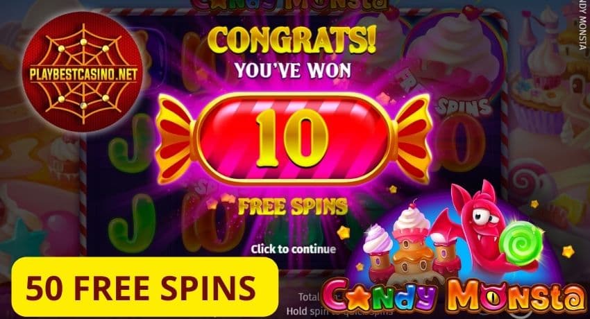 Слот Candy Monstra, с демонстрацией высокого потенциала выплат игры и предложением 50 бесплатных вращений без депозита для новых игроков на фото.