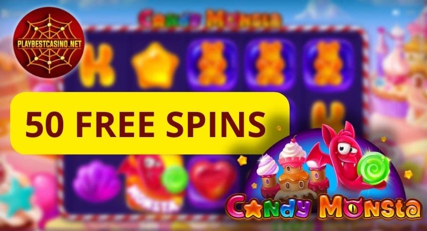 Получи 50 Бесплатных Вращений в Игровом Автомате Candy Monstra! 89 Слот Candy Monstra с красочными иконками конфет, в котором новые игроки могут получить 50 бесплатных вращений без депозита на фото.